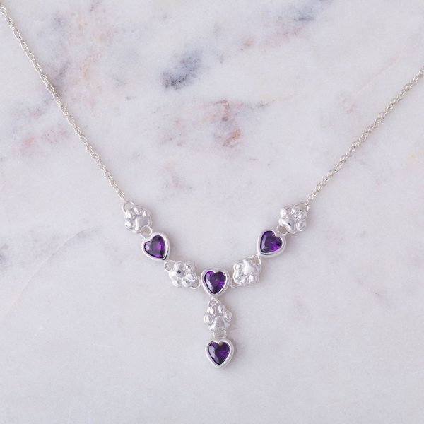 Amethyst Hearts & Paws Sterling Drop Necklace Discount